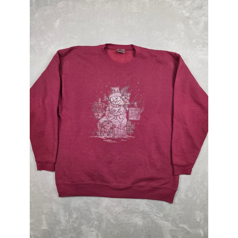 Vintage Oneita Sweatshirt Mens XL Maroon Snowman Graphic Power-Sweats USA *Read